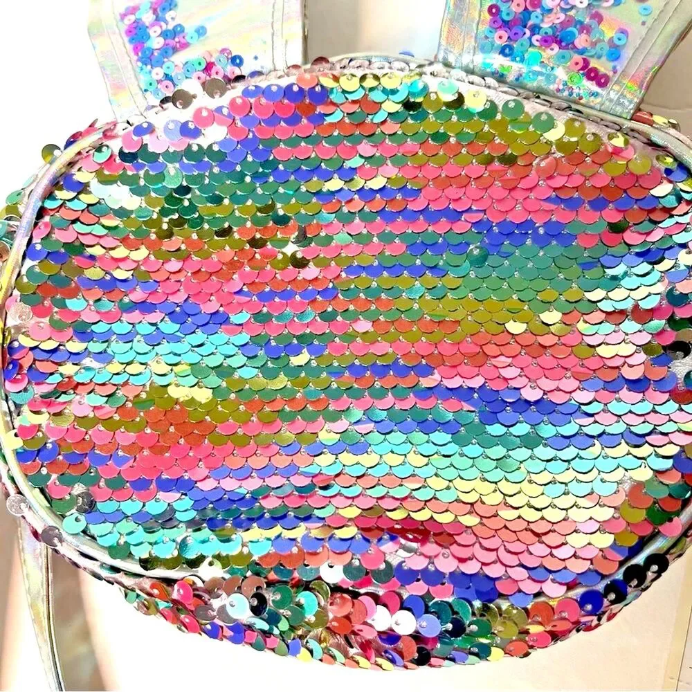 Cat & Jack Girl Easter Bunny Silver Colorful Flip Sequin Crossbody Bag Purse New